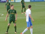 Foster Langsdorf makes his home debut with the Portland Timbers USL afilliate "T2" squad at University of Portland's Merlo Field on Wednesday. The Mountain View High School grad scored a goal in a 3-2 win over Rio Grande Valley. (Andy Buhler/ Columbian staff).