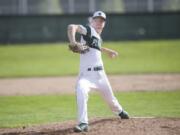 Evergreen senior Tommy Snyder pitches during a game against Mountain View High School, Monday April 9, 2018, at Evergreen High School.