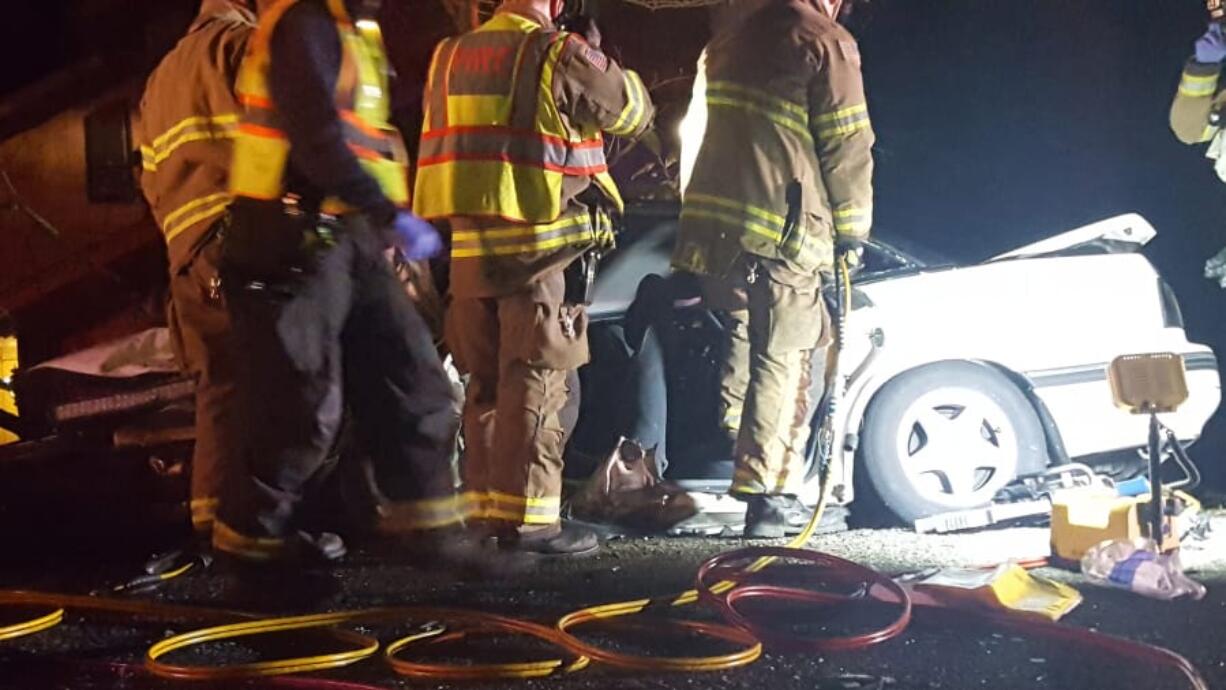 Firefighters respond to a head-on crash on Washougal River Road in March that killed Joshua Schmid, 21, and seriously injured two others. Schmid, who was reported to be overtaking other cars and crossing the center line before the crash, met a handful of factors state officials say are common in serious collisions. After years of steady declines, serious injury and fatal collisions have gone up in Washington and Clark County.