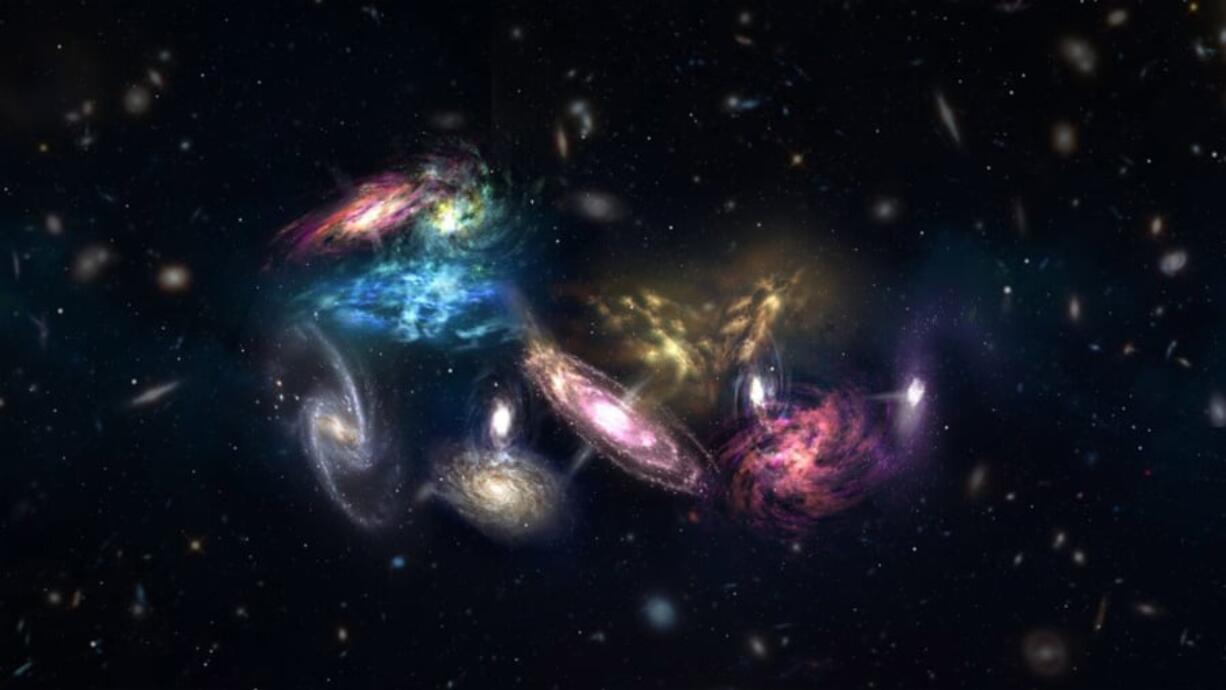 An artist’s impression of 14 galaxies that are in the process of merging. Eventually, they will form the core of a massive galaxy cluster.