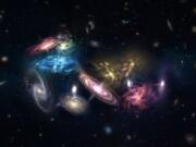 An artist’s impression of 14 galaxies that are in the process of merging. Eventually, they will form the core of a massive galaxy cluster.