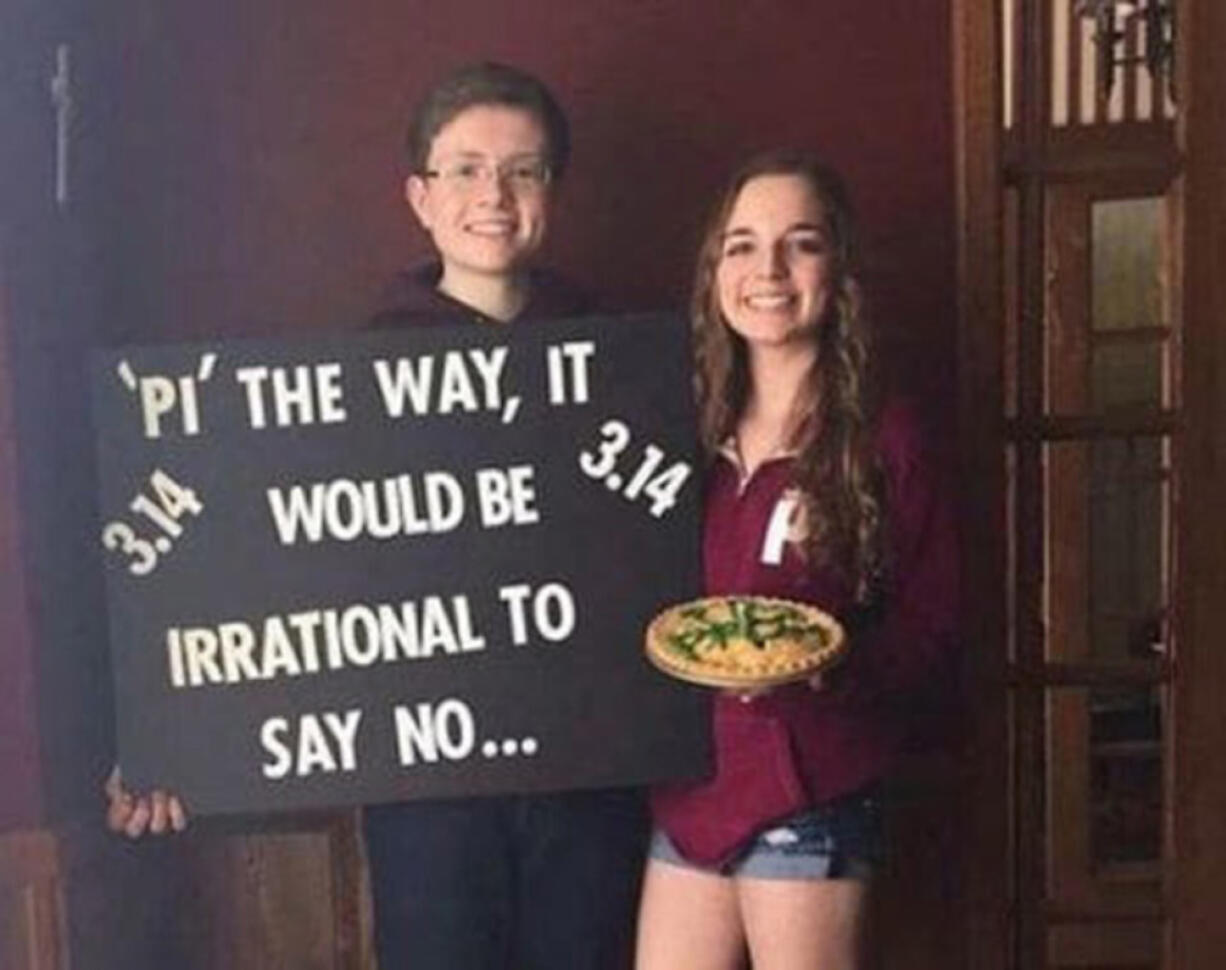 A promposal can be simple and sweet, like when Sean Meyer presented his friend Gianna, who loves math, with an apple pie and poster that said, “ ‘Pi’ the way, it would be irrational to say no.” Courtesy of Sean Meyer