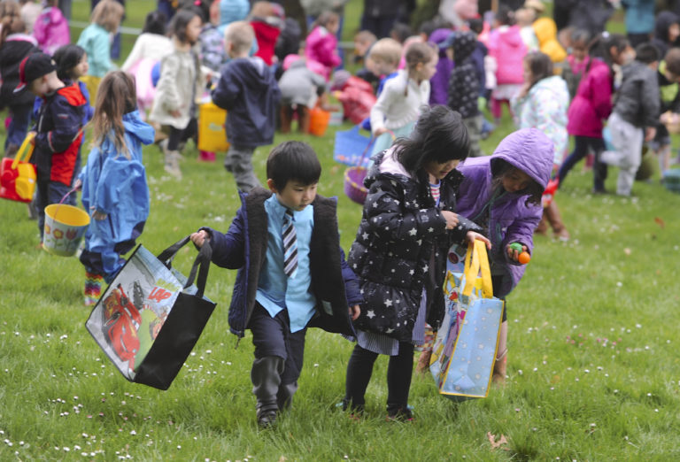 Brother and sister Skylov, left, and Vera, center, collect eggs Sunday under the watchful eye of their parents Sui Liu and Weili Min during the Easter Egg Hunt at Crown Park in Camas.