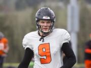 Jack Colletto at a practice session for the Oregon State football team at Beaverton, Ore., on Saturday April 14, 2018. Colletto played football at Camas High School.