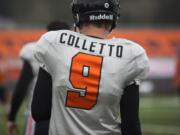 Jack Colletto at a practice session for the Oregon State football team in Beaverton, Ore., on Saturday April 14, 2018. Colletto played football at Camas High School.