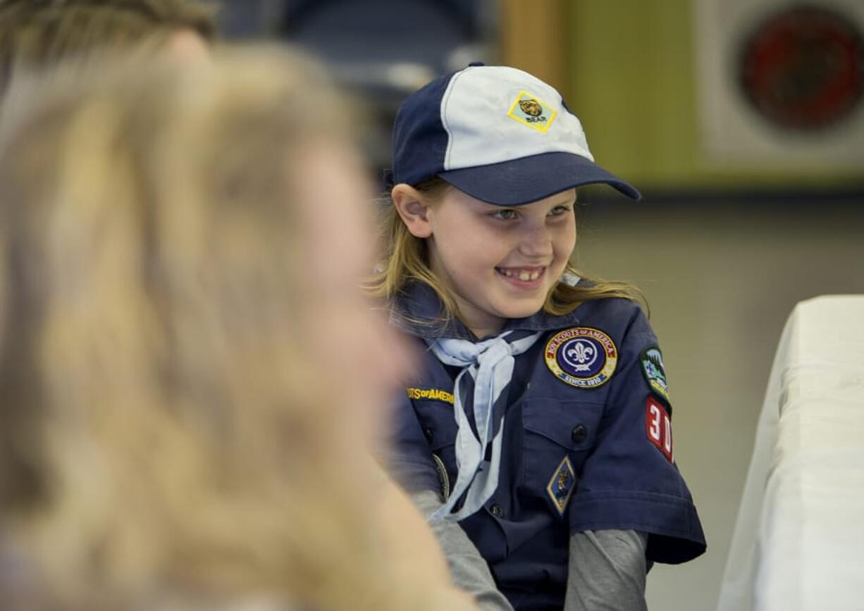 Lorelai Henry, a founding member of Ridgefield’s new all-girl Cub Scout Pack 303, discusses the great times she’s already had as a Scout — doing things like camping, horseback riding and pinewood derby car racing.