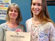 Ridgefield: Cathy Zweig of the Fort Vancouver chapter of the Daughters of the American Revolution presents the chapter’s 2018 Good Citizens Award and Scholarship to Ridgefield High School senior Sally Bishop-Smith.