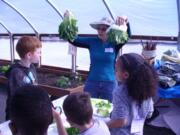 Hazel Dell: Kay Hudziak, who volunteers with the Washington State University Master Gardeners, helps students at Hazel Dell School’s Enrichment Fair explore different varieties of lettuce and spinach.