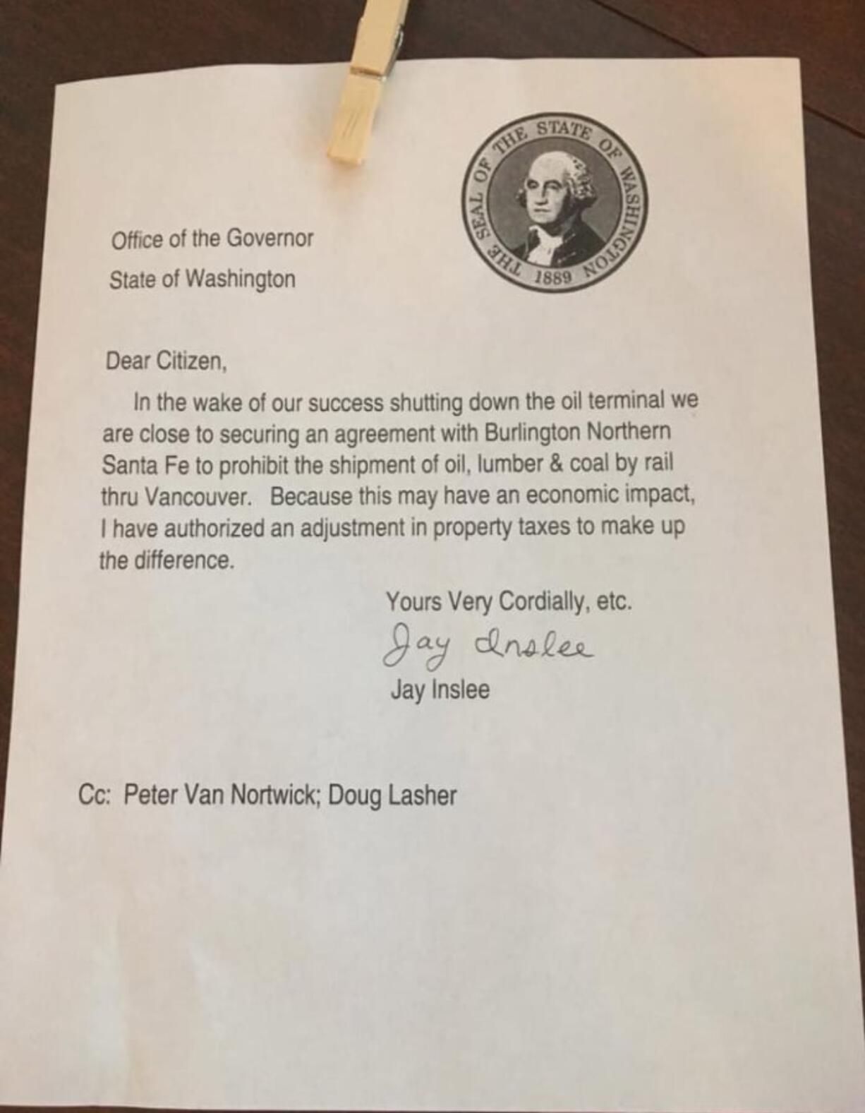 Someone put a fake letter, purporting to be from Gov. Jay Inslee, on doors in the Green Meadows area.