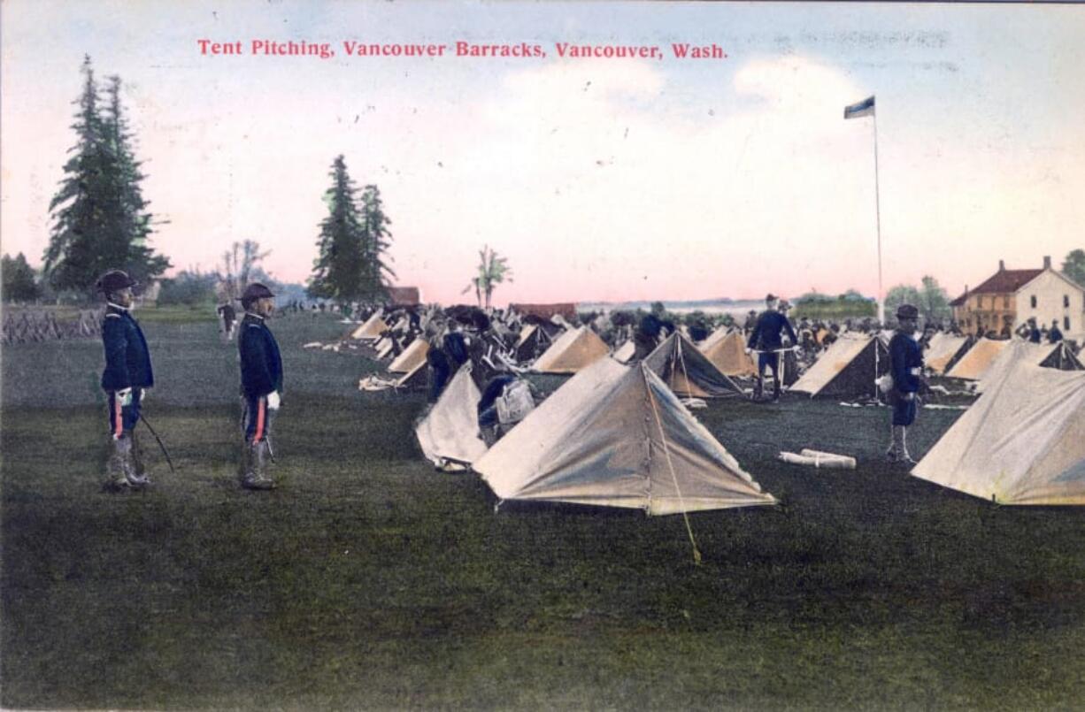 A postcard produced in the late 1800s shows soldiers at Vancouver Barracks camping on the Parade Ground. The hand-colored postcard also shows a flagpole of the era. A new pole was dedicated last year.