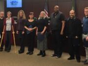 Battle Ground: Battle Ground Mayor Mike Dalesandro honored health care providers, from left, Jeffery Strappazon, Aly Strappazon, Shannon Schram, Stefanie Adams, Sue Doyle, Randall Jones, Kevin Waters and Jason Egbert.