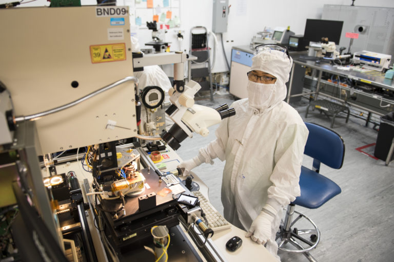 nLight production operator Wilma Marron, of Vancouver, works in the company’s laser manufacturing process. The company began its first day of public trading on April 25 and closed strong.