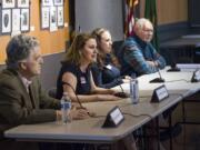 Candidates for Washington’s 3rd Congressional District from left, David McDevitt, Carolyn Long, Dorothy Gasque and Earl Bowerman considered gun legislation and mental health during a town hall organized by Students Demand Action Clark County.