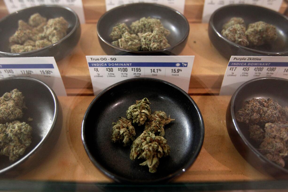 FILE- In this Jan. 1, 2018 file photo, different types of marijuana sit on display at Harborside marijuana dispensary in Oakland, Calif. Sen. Cory Gardner of Colorado announced Friday, April 13, 2018 that President Trump has pledged to support legislation protecting the marijuana industry in states that have legalized the drug. Gardner has been pushing to reverse a decision made by Attorney General Jeff Sessions in January that removed prohibitions that kept federal prosecutors from pursuing cases against people who were following state pot laws.