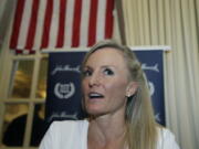 Elite U.S. runner Shalane Flanagan speaks to reporters, Friday, April 13, 2018, in Boston. The 122nd running of the Boston Marathon is scheduled for Monday.