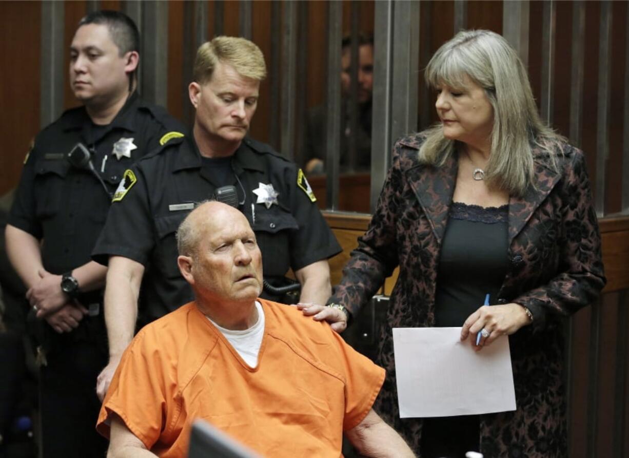 Joseph James DeAngelo, 72, who authorities suspect is responsible for at least a dozen murders and 50 rapes in the 1970s and ’80s, makes his first appearance, Friday in Sacramento County Superior Court in Sacramento, Calif.