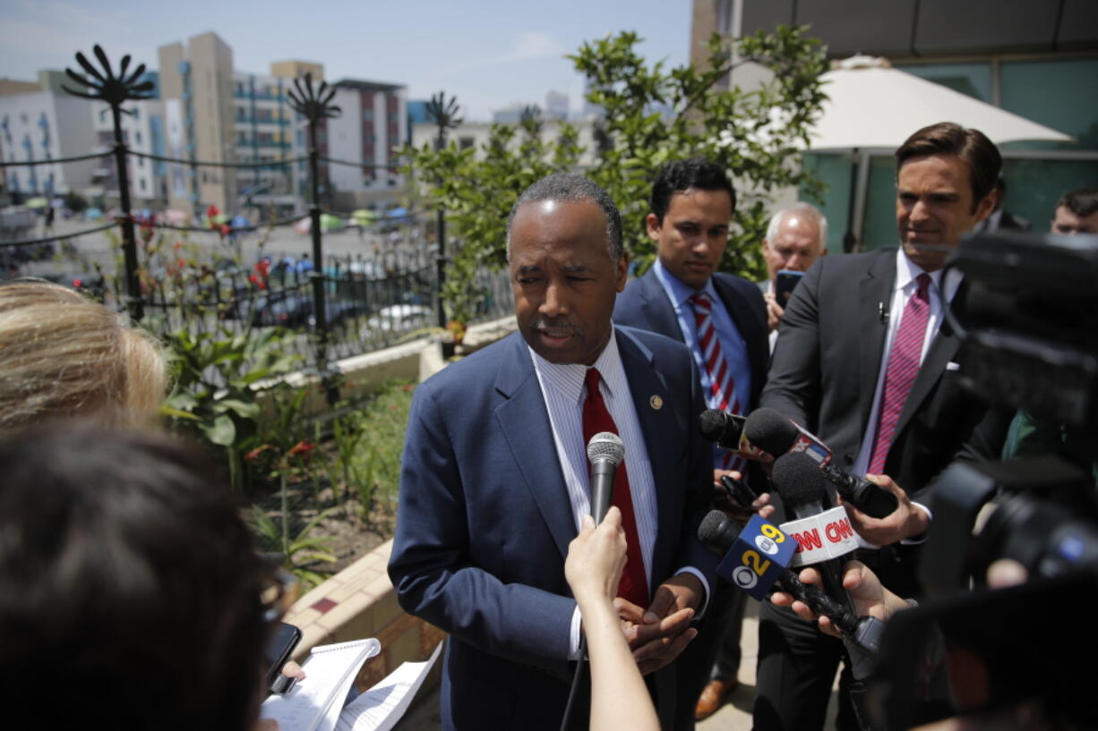 Housing and Urban Development Secretary Ben Carson talks to reporters at the Downtown Women’s Center Tuesday, April 24, 2018, in Los Angeles. Carson visited the center to discuss homelessness. (AP Photo/Jae C.