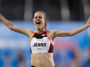 Jenny Simpson celebrates as she wins the women’s special two-mile run at the Drake Relays athletics meet, Friday, April 27, 2018, in Des Moines, Iowa.