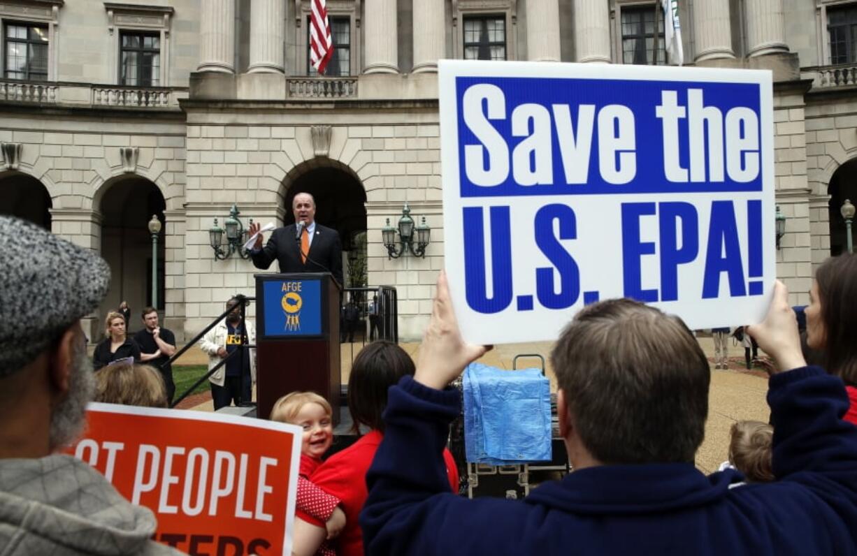 Rep. Dale Kildee, D-Mich., speaks about EPA Administrator Scott Pruitt and the state of the EPA during a protest by the American Federation of Government Employees union, Wednesday, April 25, 2018, in Washington.