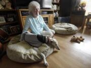 Jacqueline Barrington, a retired teacher sits with her dogs, Dustee and Jackson, in Corvallis, Ore. Barrington, who does a lot of the READ dog events at schools and the libraries, has a whippet she thinks is the longest serving reading dog ever. Dustee is older now and is expected to retire at the end of the year. Jackson, on the pillow to the right, will be taking over as a READ dog in January.