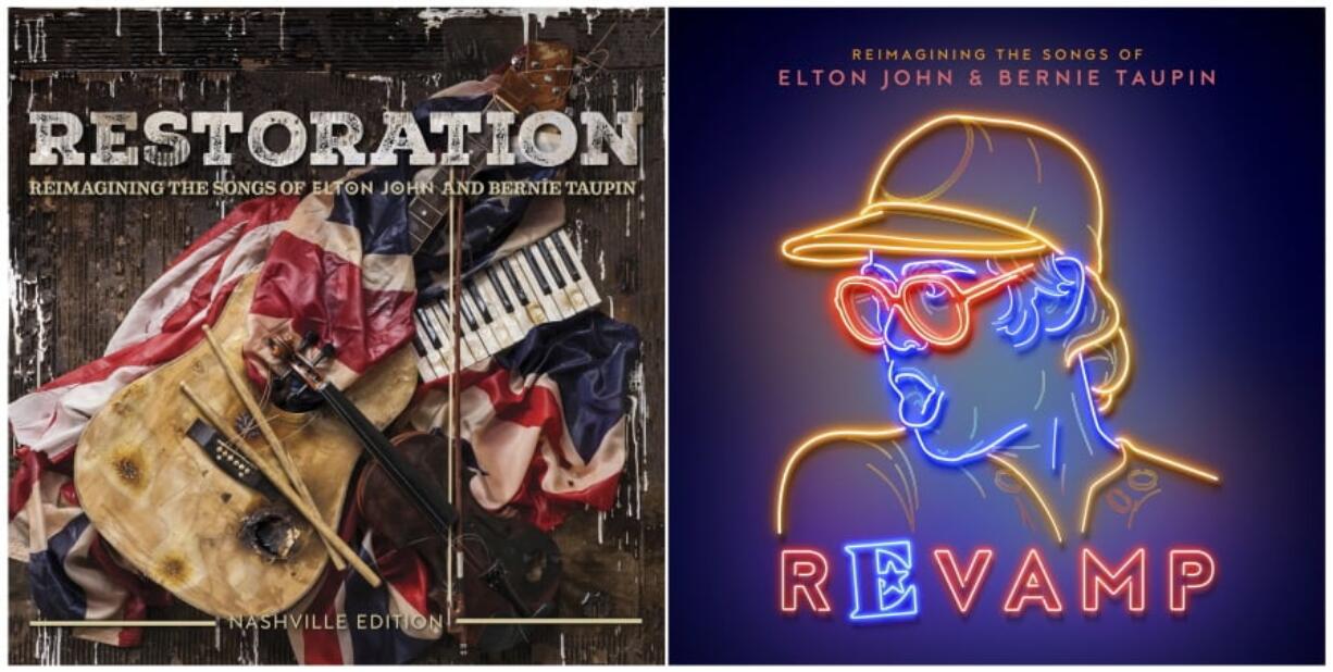 This combination photo shows album covers “Restoration,” left, and “Revamp,” featuring songs by Elton John that are re-worked and performed by top artists, which will be released on April 6.