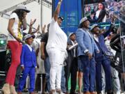 The family members of Shaquem Griffin take the stage during the NFL football draft in Arlington, Texas, Saturday, April 28, 2018. The Seahawks selected Shaquem in the fourth round. (Jae S.