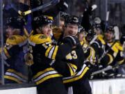 Boston Bruins forward Ryan Donato, left, and Danton Heinen (43).