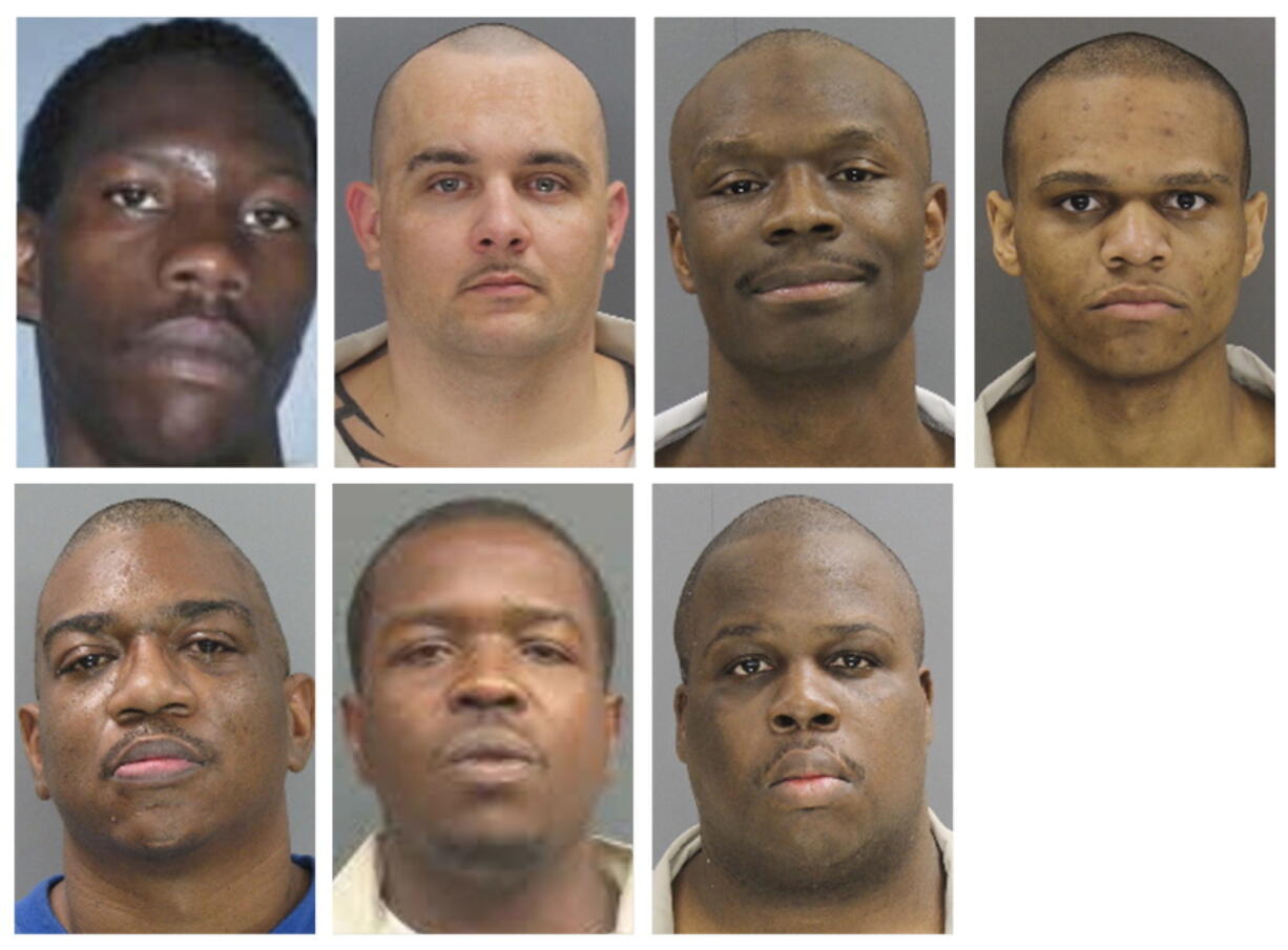 These undated photos provided by the South Carolina Department of Corrections shows, from top row from left, Corey Scott, Eddie Casey Gaskins, Raymond Angelo Scott and Damonte Rivera; bottom row from left, Michael Milledge, Cornelius McClary and Joshua Jenkins. The seven inmates were killed, and at least 17 prisoners wounded, in a riot at the Lee Correctional Institution on early Monday, April 16, 2018, in Bishopville, S.C.