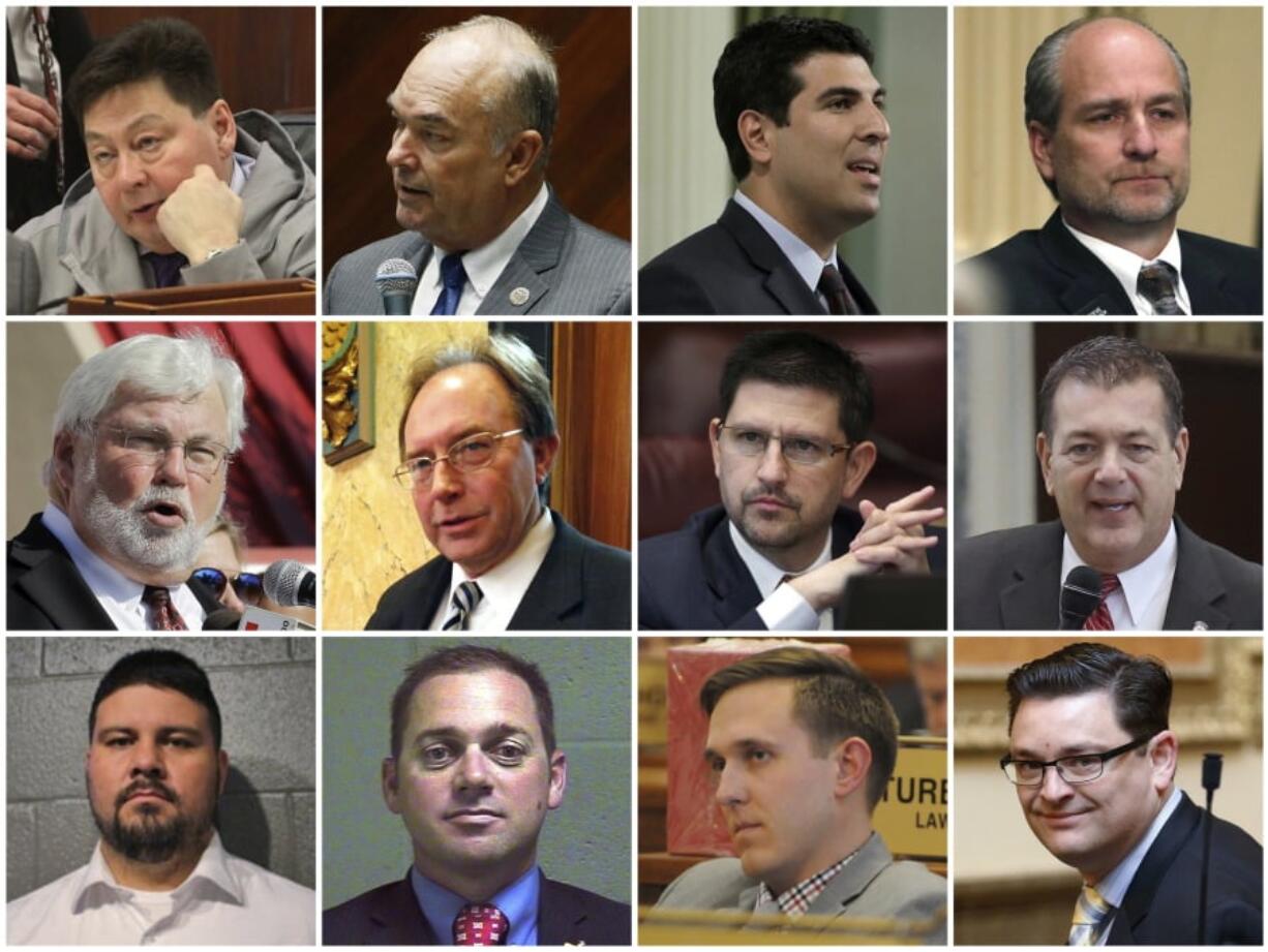 ADVANCE FOR USE WEDNESDAY, APRIL 11, 2018 AT 3:01 A.M. EDT AND THEREAFTER-This combination of photos shows some of the two dozen state lawmakers across the country who have been accused of sexual harassment or misconduct since the start of 2017 and have resigned or been removed from office as of March 2018. Top row from left are Alaska Rep. Dean Westlake, Arizona Rep. Don Shooter, California Assemblyman Matt Dababneh and Colorado Rep. Steve Lebsock. Middle row from left are Florida Sen. Jack Latvala, Mississippi Rep. John Moore, Nevada Sen. Mark Manendo and Oklahoma Rep. Dan Kirby. Bottom row from left are Oklahoma Sen. Ralph Shortey, Oklahoma Sen. Bryce Marlatt, South Dakota Rep. Mathew Wollmann ann Utah Rep. Jon Stanard.