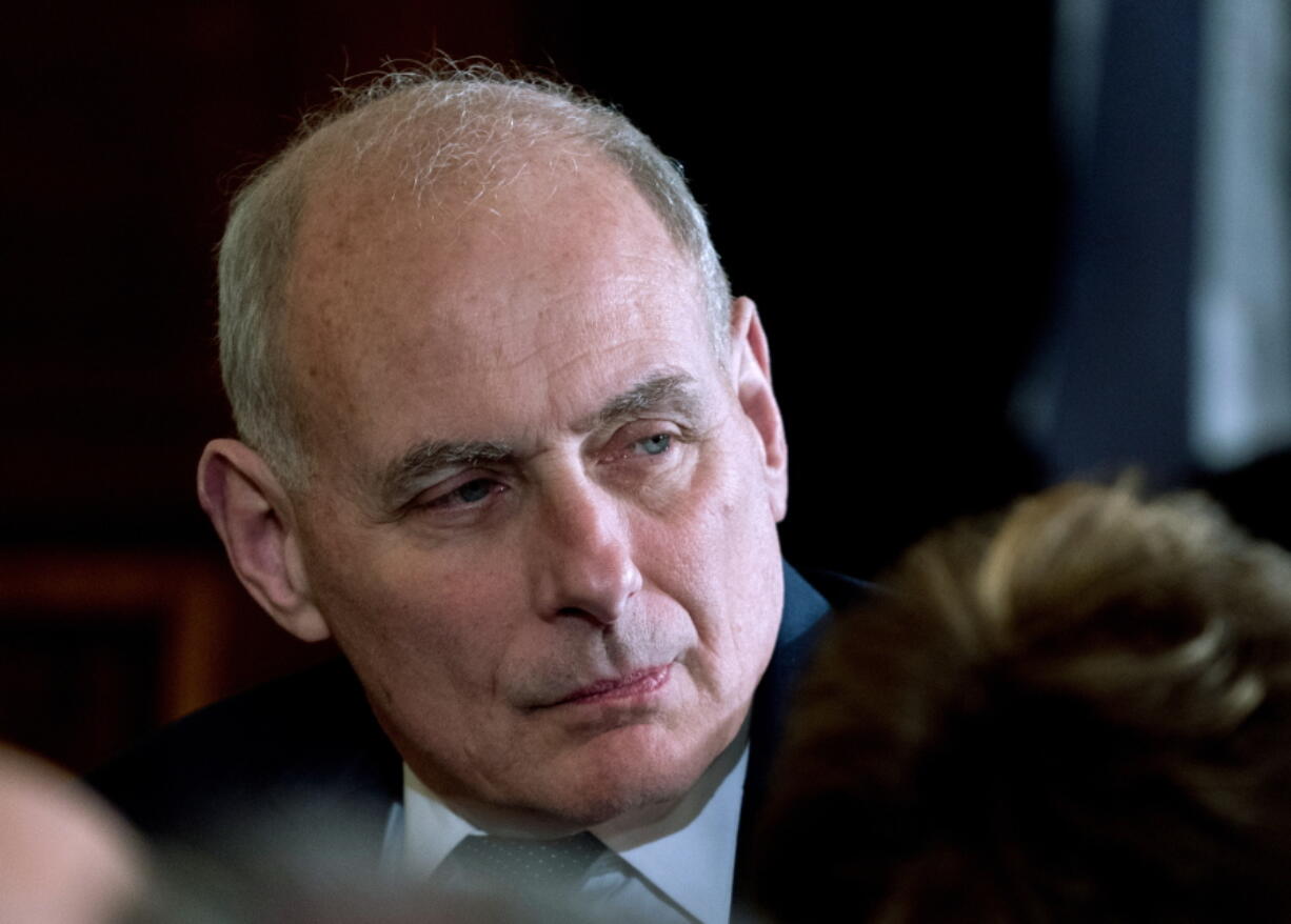 President Donald Trump’s Chief of Staff John Kelly attends a news conference in the East Room of the White House in Washington. Kelly, once empowered to bring order to a turbulent West Wing, is receding from view, his clout diminished, his word less trusted by staff and his guidance less tolerated by an increasingly go-it-alone-president. Emboldened in his job, President Donald Trump has rebelled against Kelly’s restrictions and mused about doing away with the chief of staff post entirely, leaving White House staffers and Trump allies to believe that Kelly is working on borrowed time.