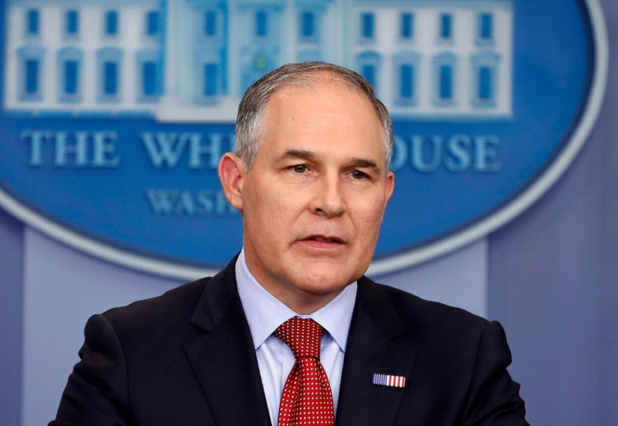 FILE - In this June 2, 2017 file photo, Environmental Protection Agency administrator Scott Pruitt speaks in the Brady Press Briefing Room of the White House in Washington. White House officials sounded increasingly doubtful April 5, about the future of Pruitt, even as President Donald Trump appeared to throw him a public lifeline.