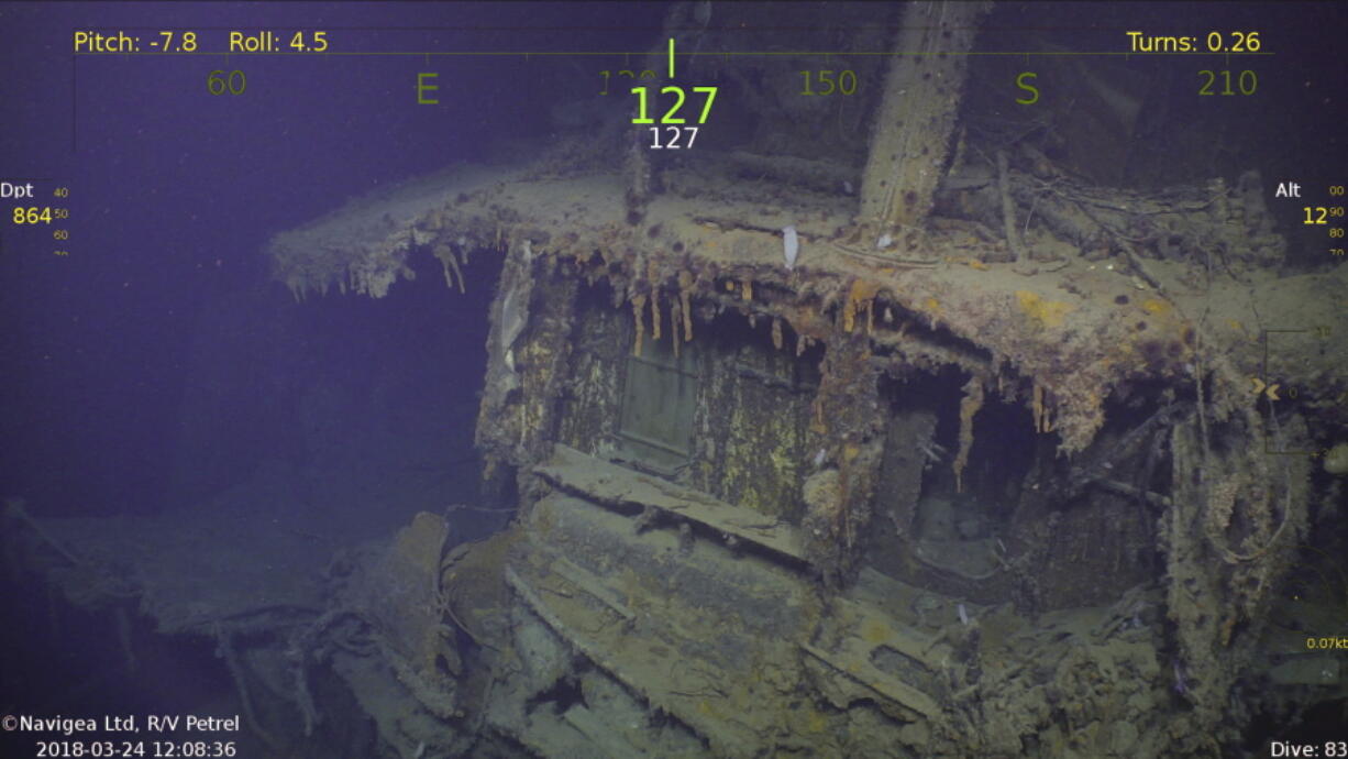 Part of the stern section on the light cruiser USS Helena. Nearly 75 years after the USS Helena was sunk by Japanese torpedoes in the waters off the Solomon Islands in the South Pacific, an expedition backed by Microsoft co-founder Paul Allen reported finding its wreckage. The March 23 discovery revives stories of the battle-tested ship’s endurance and the nearly unbelievable survival story of 165 of the crewmen. In all, 732 of the 900 crew survived its July 5, 1943 sinking. (Paul G.