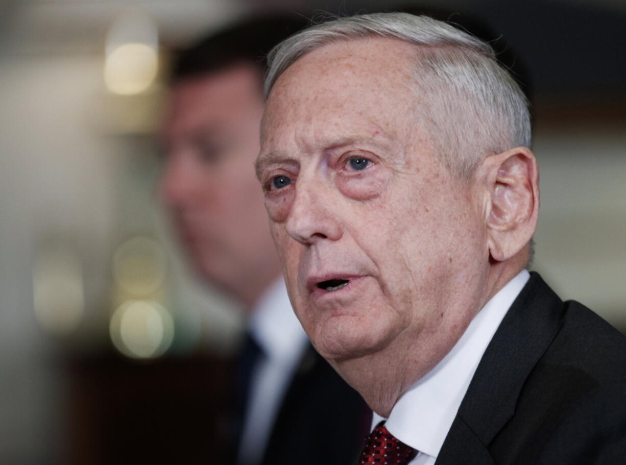 Defense Secretary Jim Mattis speaks during a bilateral meeting with Emir of Qatar Sheikh Tamim bin Hamad al-Thani at the Pentagon on Monday.