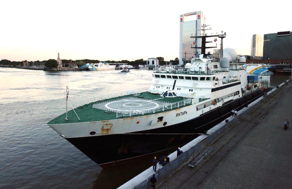 The Russian research vessel Yantar is shown docked in Buenos Aires, Argentina. Russian ships are skulking around underwater communications cables, worrying the U.S. and its allies the Kremlin might be taking information warfare to new depths.