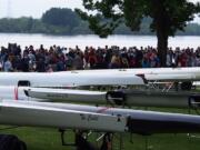 Hundreds of spectators lined the shore at Vancouver Lake on Saturday, May 19, 2018, for the second day of the US Rowing Northwest Youth Championship.