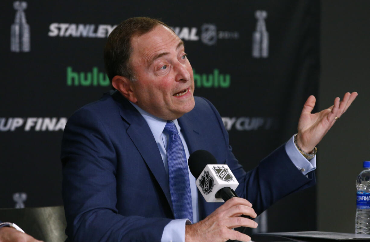 NHL Commissioner Gary Bettman speaks during a news conference prior to Game 1 of the NHL Stanley Cup Final hockey game between the Vegas Golden Knights and the Washington Capitals, Monday, May 28, 2018, in Las Vegas. (AP Photo/Ross D.