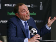 NHL Commissioner Gary Bettman speaks during a news conference prior to Game 1 of the NHL Stanley Cup Final hockey game between the Vegas Golden Knights and the Washington Capitals, Monday, May 28, 2018, in Las Vegas. (AP Photo/Ross D.