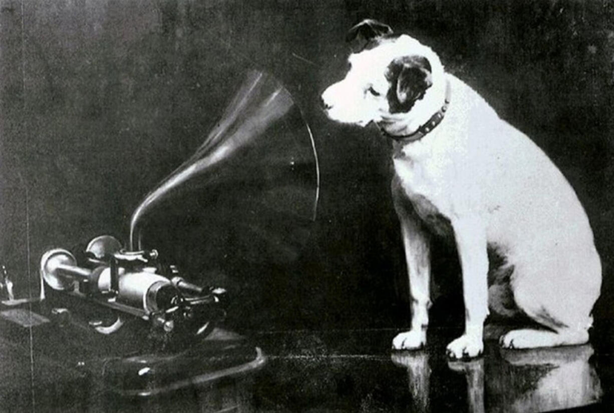 The precursor to audiobooks for dogs: Francis Barraud’s 1895 painting of Nipper looking into an Edison Bell cylinder phonograph.