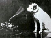 The precursor to audiobooks for dogs: Francis Barraud’s 1895 painting of Nipper looking into an Edison Bell cylinder phonograph.