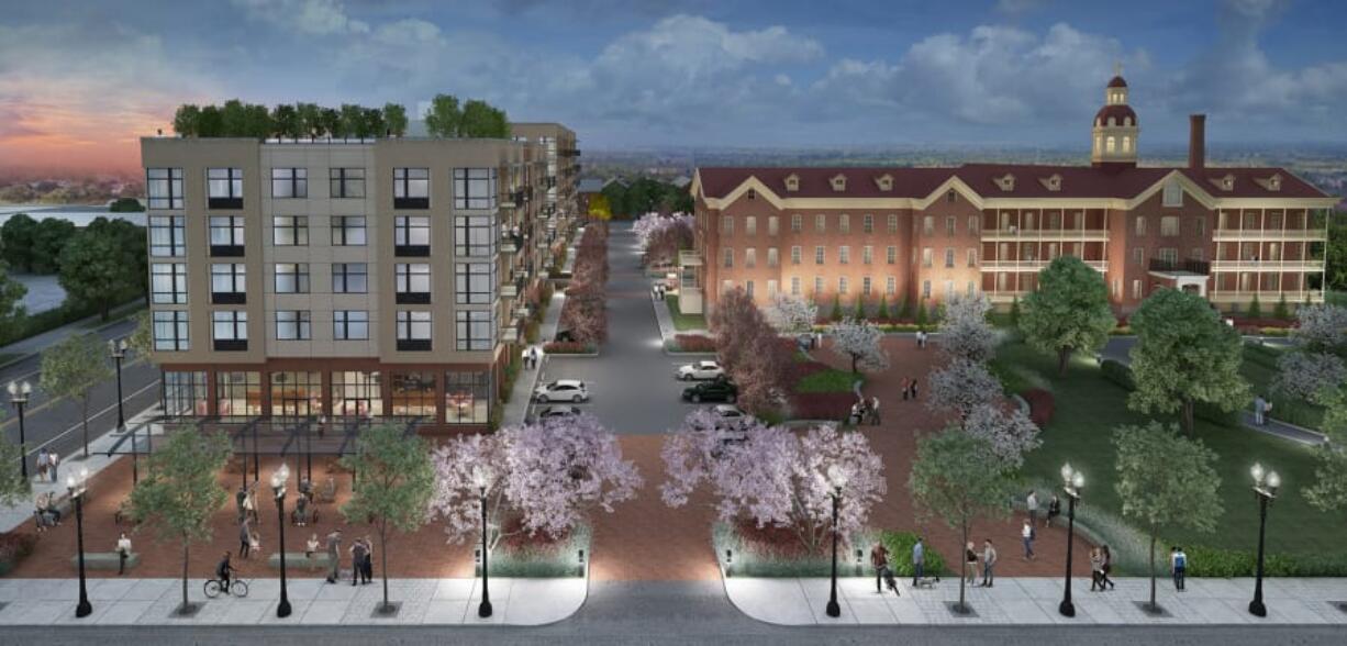 An updated artist’s rendering shows the south facade of the first building has been moved back 16 feet, creating a 58-foot setback from Evergreen Boulevard. Other changes reflect some design elements of Providence Academy, such as arched awnings over lobby entrances and concrete “faux stone” sills on storefront windows.