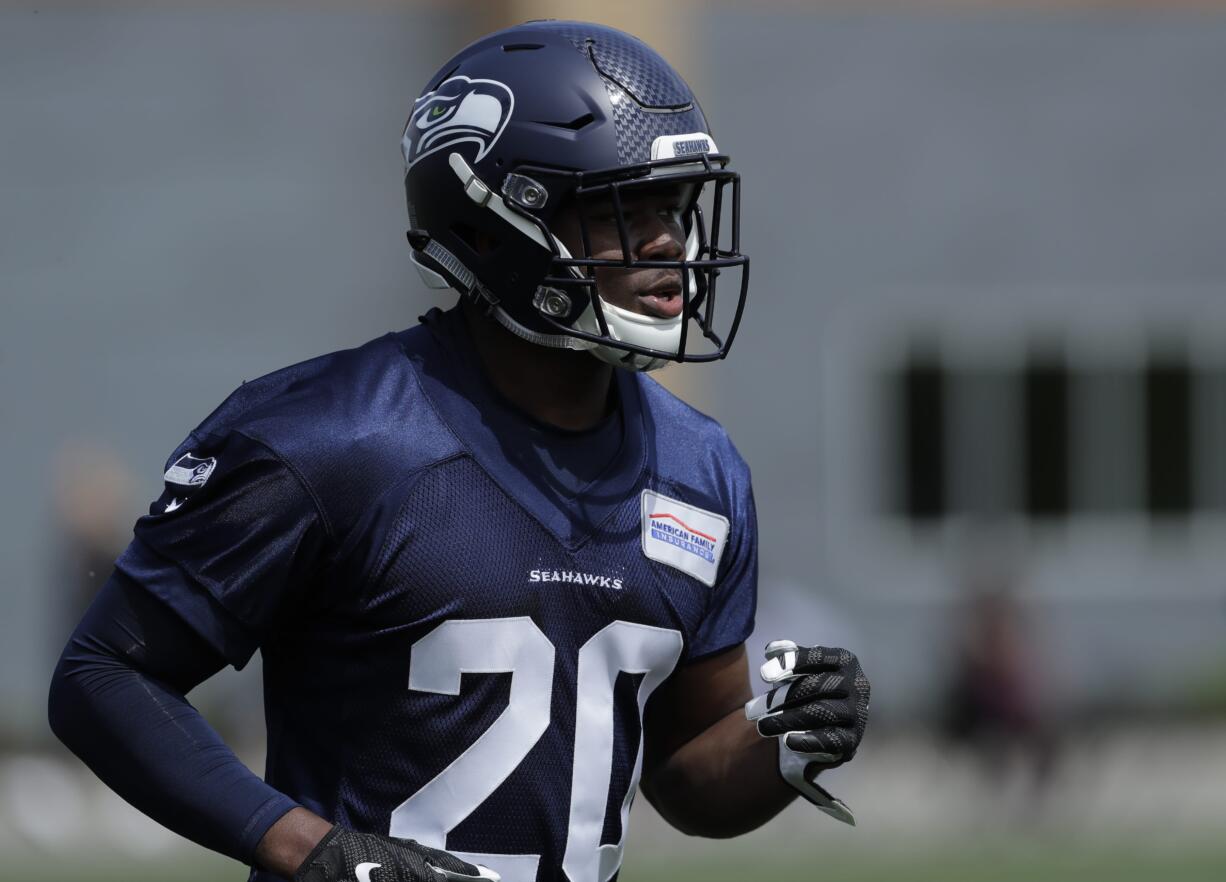 Seattle Seahawks running back Rashaad Penny runs a drill Friday, May 4, 2018, during NFL football rookie camp in Renton, Wash. (AP Photo/Ted S.