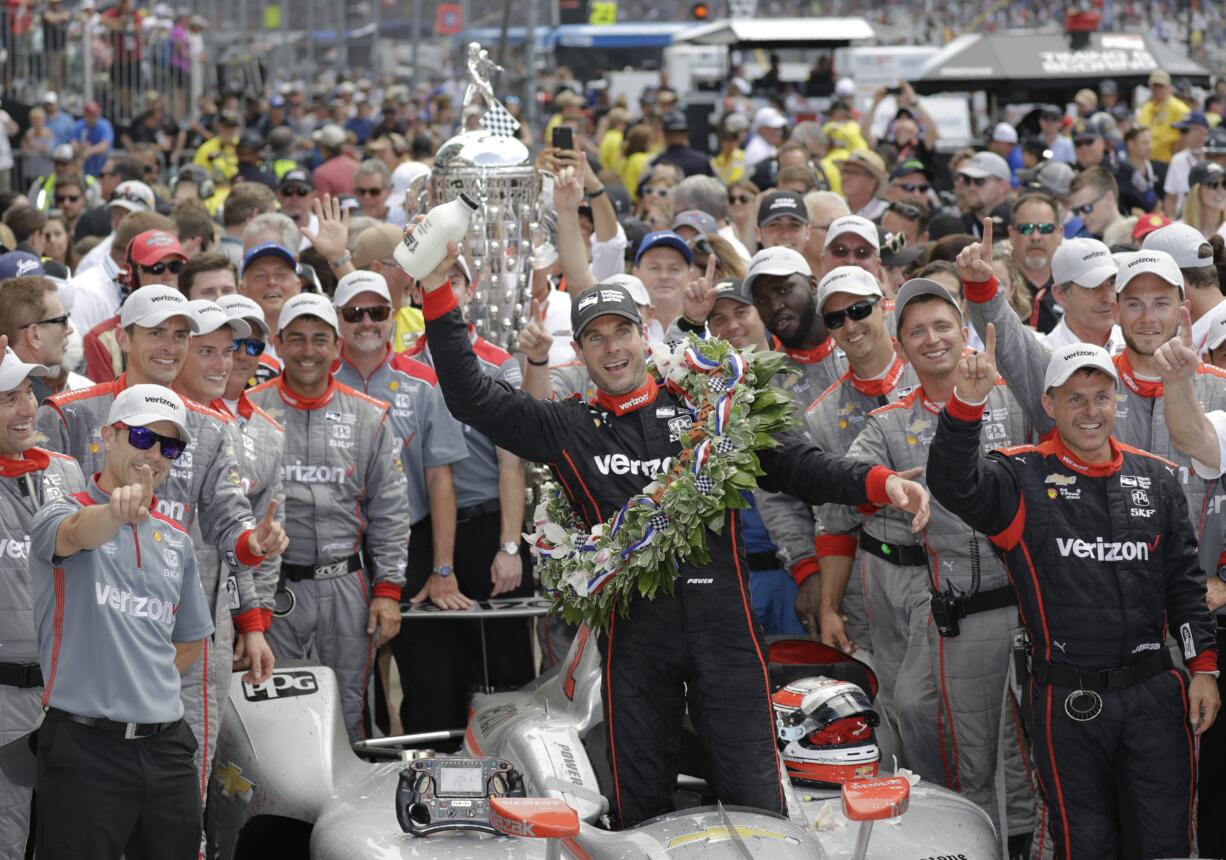 Will Power, of Australia, celebrates after winning the Indianapolis 500 auto race at Indianapolis Motor Speedway, in Indianapolis Sunday, May 27, 2018.