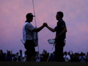 Caddie Brian Dilley, left, congratulates Aaron Wise after Wise won the AT&T Byron Nelson golf tournament in Dallas, Sunday, May 20, 2018.