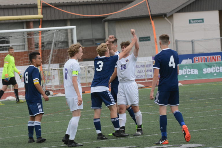 Columbia River sophomore Jake Connop is confronted after a Burlington-Edison player is shown a red card in the waning moments of the 2A state title game, a 2-0 Chieftain win at Sunset Chev Stadium on Saturday, May 26, 2018 (Andy Buhler/Columbian staff).