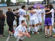The Columbia River Chieftains celebrate in the moments after winning the 2A state title game, a 2-0 result over Burlington-Edison at Sunset Chev Stadium on Saturday, May 26, 2018 (Andy Buhler/Columbian staff).