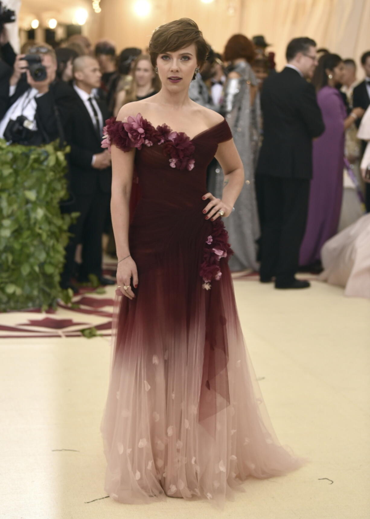 Scarlett Johansson wears a Marchesa gown at The Metropolitan Museum of Art’s Costume Institute benefit gala in New York on May 7. Marchesa co-founder Georgina Chapman is Harvey Weinstein’s estranged wife.