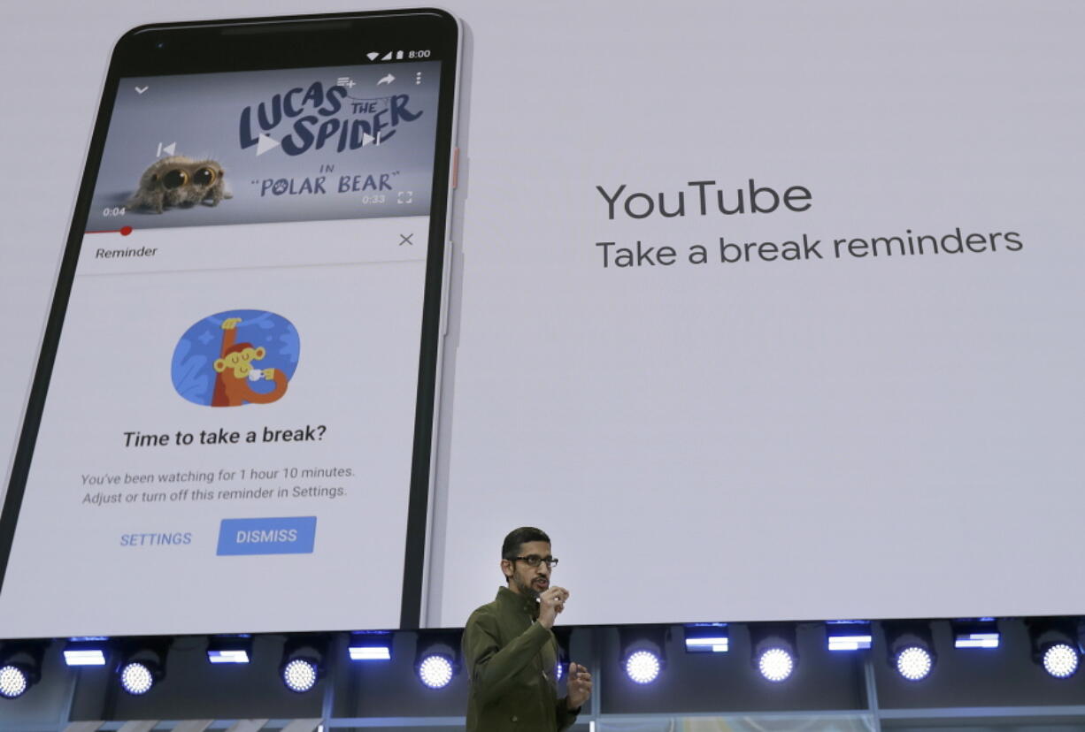 Google CEO Sundar Pichai speaks about YouTube break reminders Tuesday at the Google I/O conference in Mountain View, Calif.