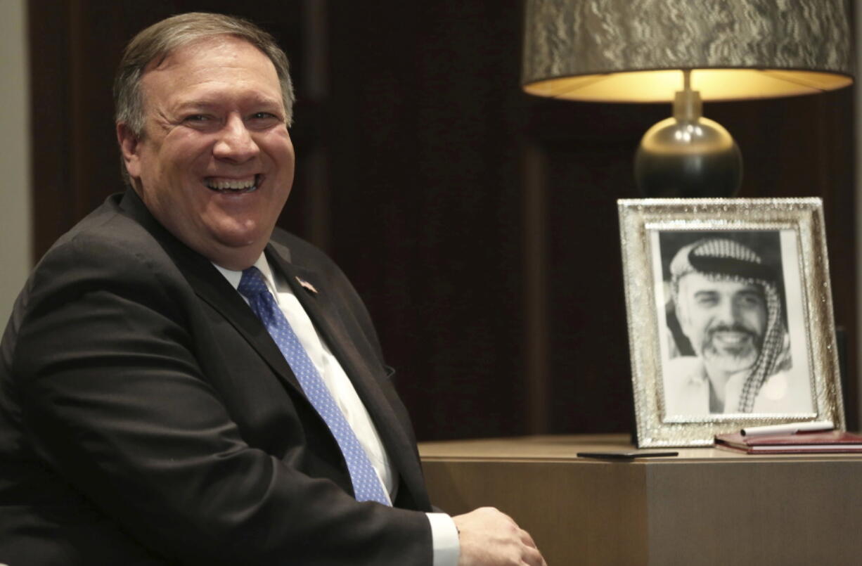 U.S. Secretary of State Mike Pompeo, reacts during his meeting with Jordan’s King Abdullah II, in Amman, Jordan, on Monday. Pompeo said Monday that a resolution to the Israeli-Palestinian conflict remains a priority for the Trump administration.