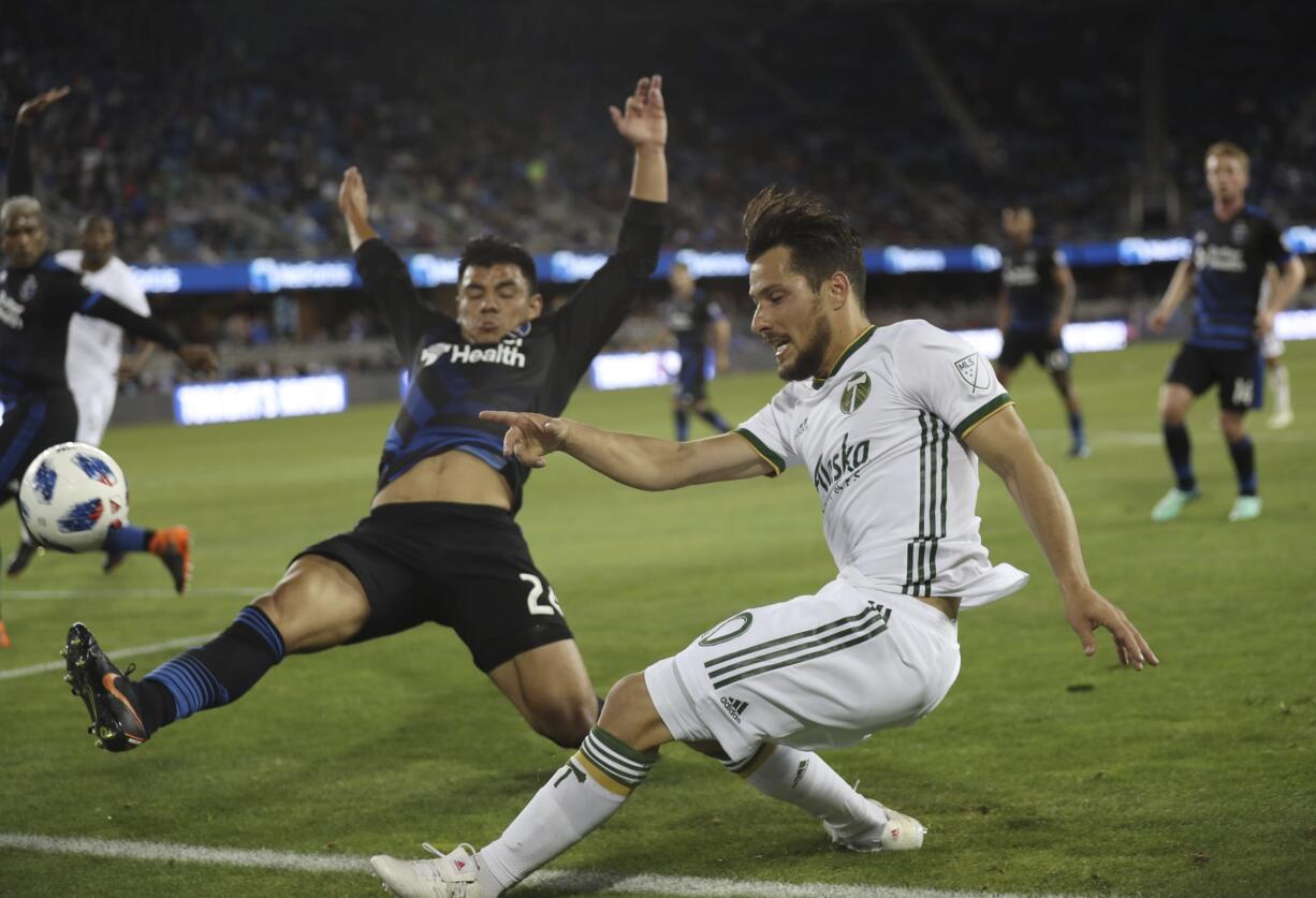 San Jose Earthquakes defender Nick Lima (24) battles for the ball against Portland Timbers midfielder Sebastian Blanco (10) during the second half of an MLS soccer match Saturday, May 5, 2018, in San Jose, Calif.