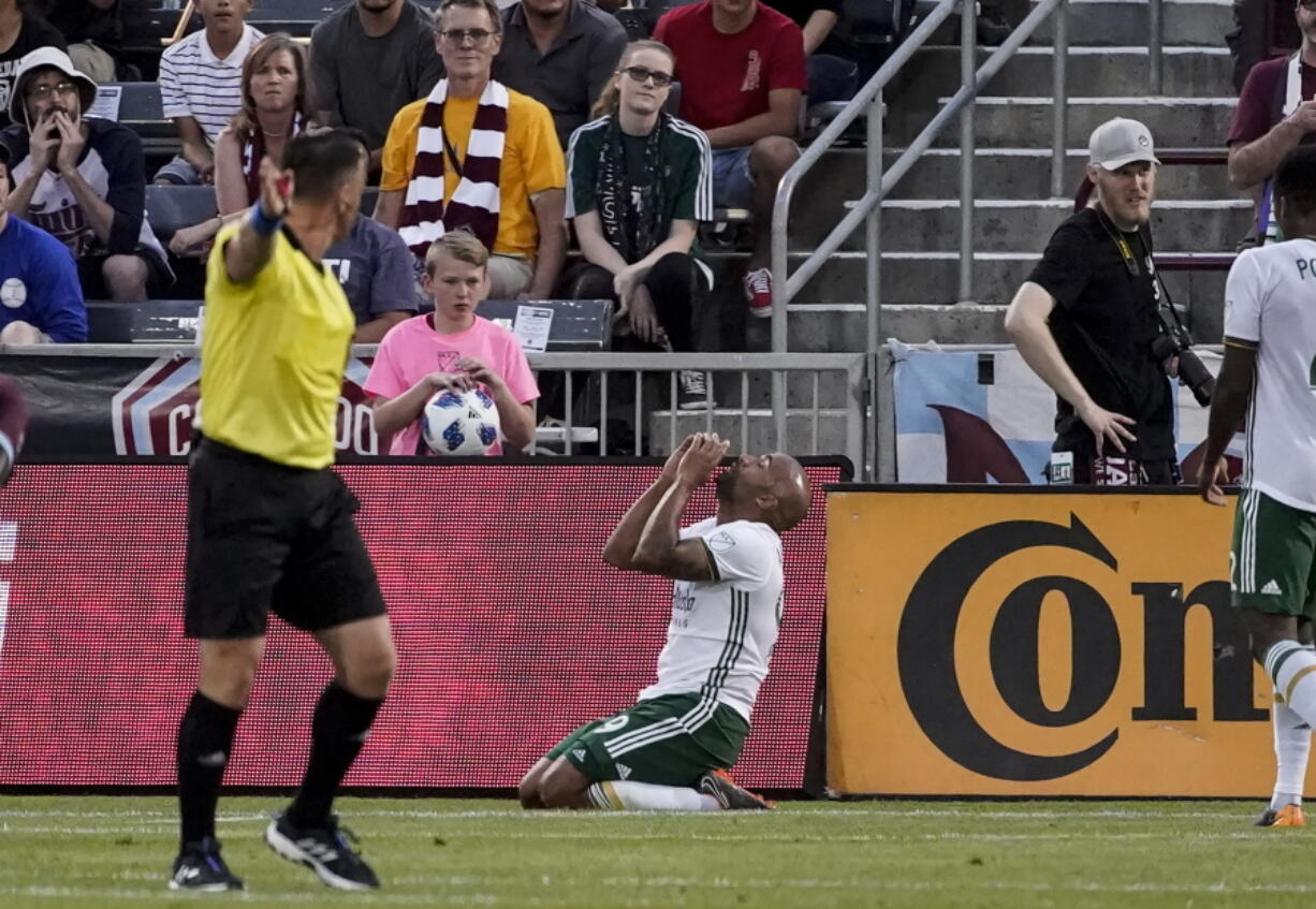 Portland Timbers forward Samuel Armenteros celebrates his second goal of the MLS soccer match against the Colorado Rapids during the first half Saturday, May 26, 2018, in Commerce City, Colo.